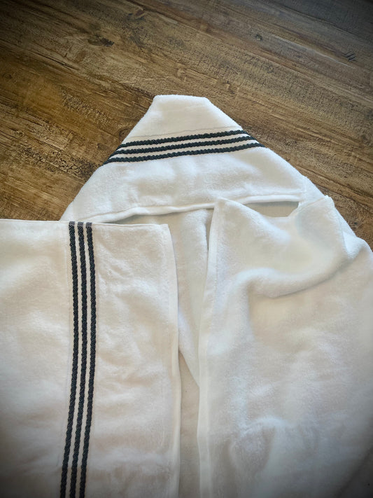 Hooded Towel  (White w/ Black Side Stripes)